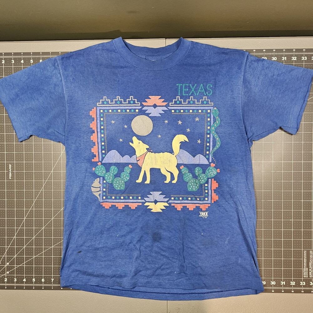 Vintage Texas 80s Delta Tshirt Medium Blue Wolf Native Tribal Western Aztec